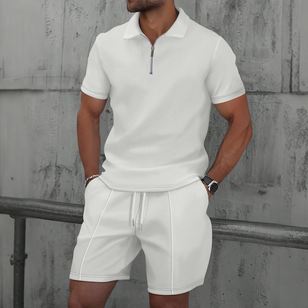 Men's Waffle Zipper Solid Color Short Sleeve Shorts Casual Suit
