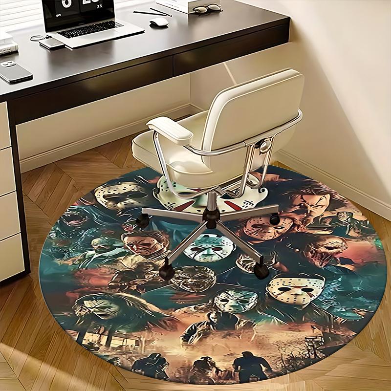 Horror Movie Characters,Halloween Mask Print Chair Mat Round Rug Office Carpet, Machine Washable, Non Slip, Suitable for Living Rooms, Bedrooms