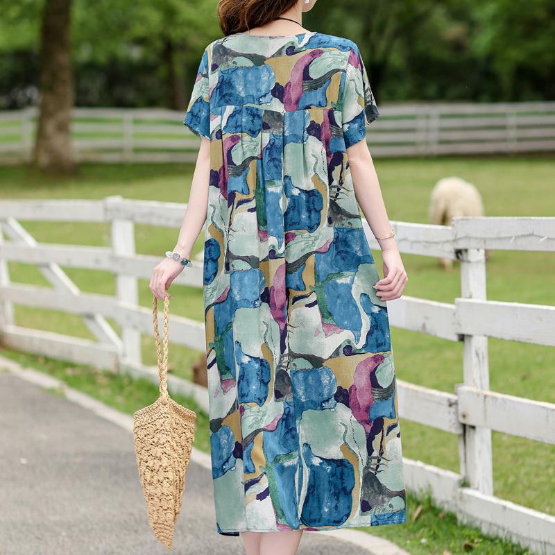 Vintage Print Loose Dresses For Women Plus Size Short Sleeve Casual Long Dress Summer Elegant Middle-aged Women's Clothing