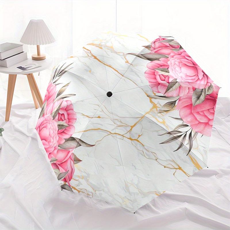 Marble TextureFloral Design Automatic Folding Umbrella Simple 8 Rib Design, Bright Cartoon Pattern, Durable Iron Frame, Suitable For Travel