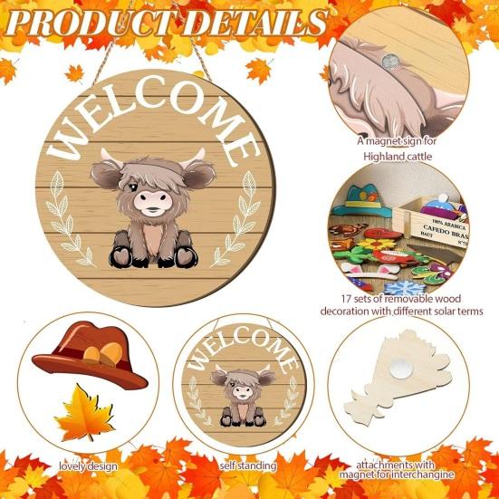 1 Set Interchangeable Wooden Welcome Sign with Seasonal Hat Accessories Gnome Highland Cow Hanging Front Door Sign Home Office Holiday Decoration