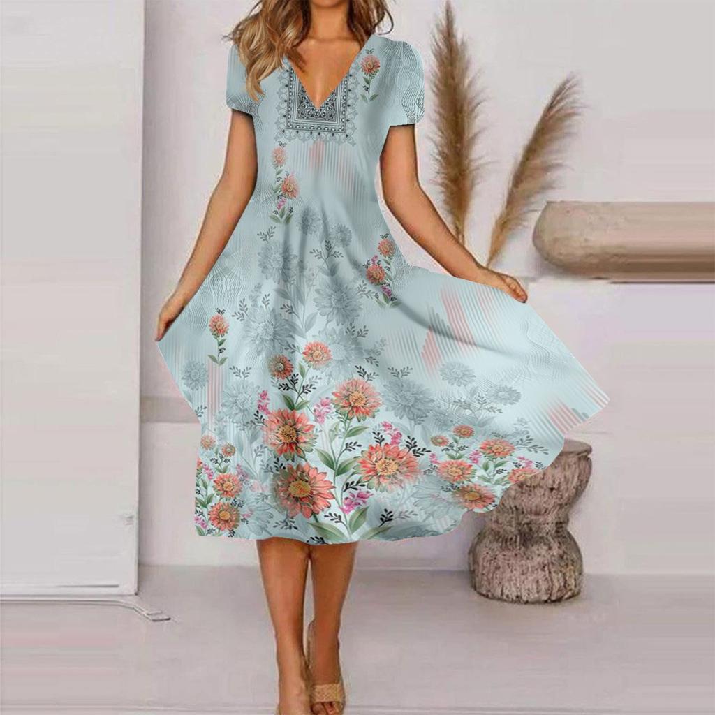 Women's Fashion And All- Summer Temperament V-neck Printed Short-sleeved Dress