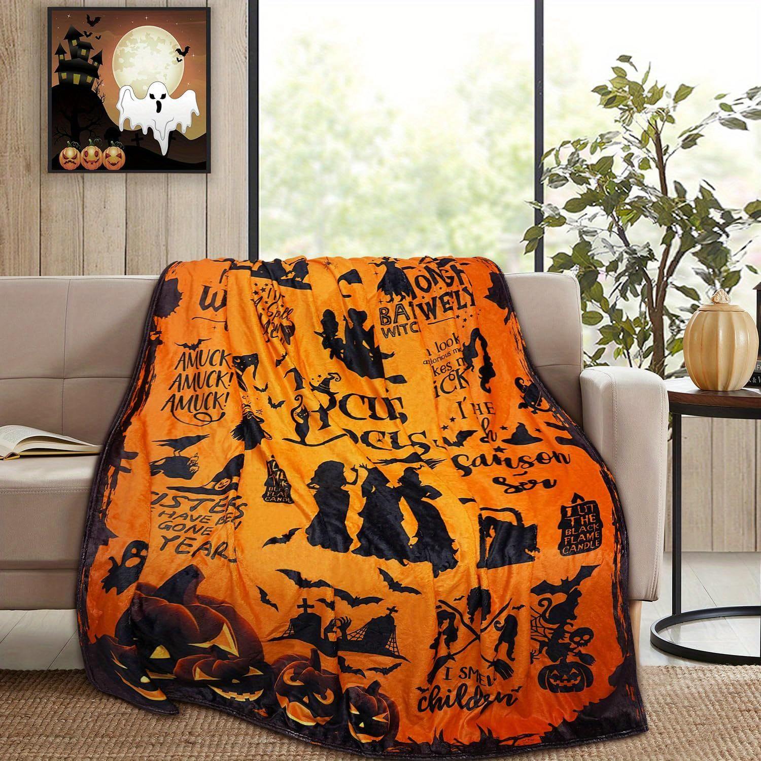 Flannel Halloween Blanket Orange Black Witch Silhouette Flannel Blanket For Sofa Living Room Spooky Festive Decor Cozy Certified 30x40in