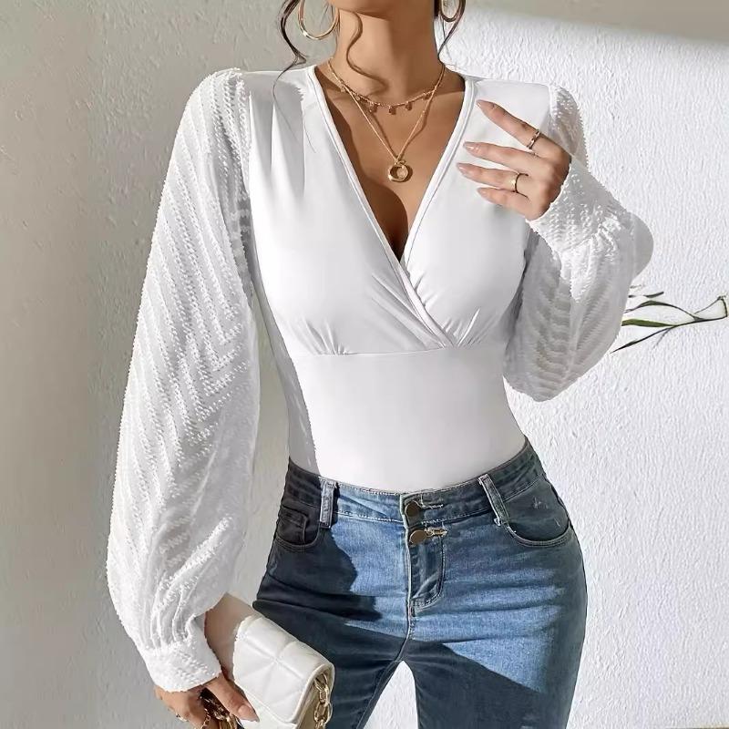 Women Solid Patchwork Deep V Neck Long Sleeve Knit Chiffon Blouse Top