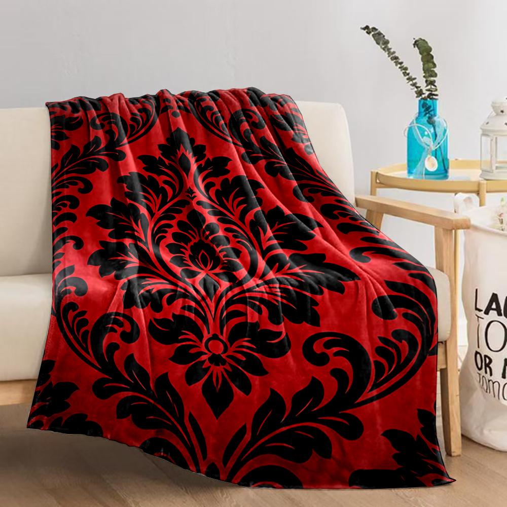 Luxuriöse rote Decke mit schwarzem floralem Damastmuster für Decke, geeignet für die Verwendung im Schlafzimmer, Wohnzimmer, auf dem Sofa