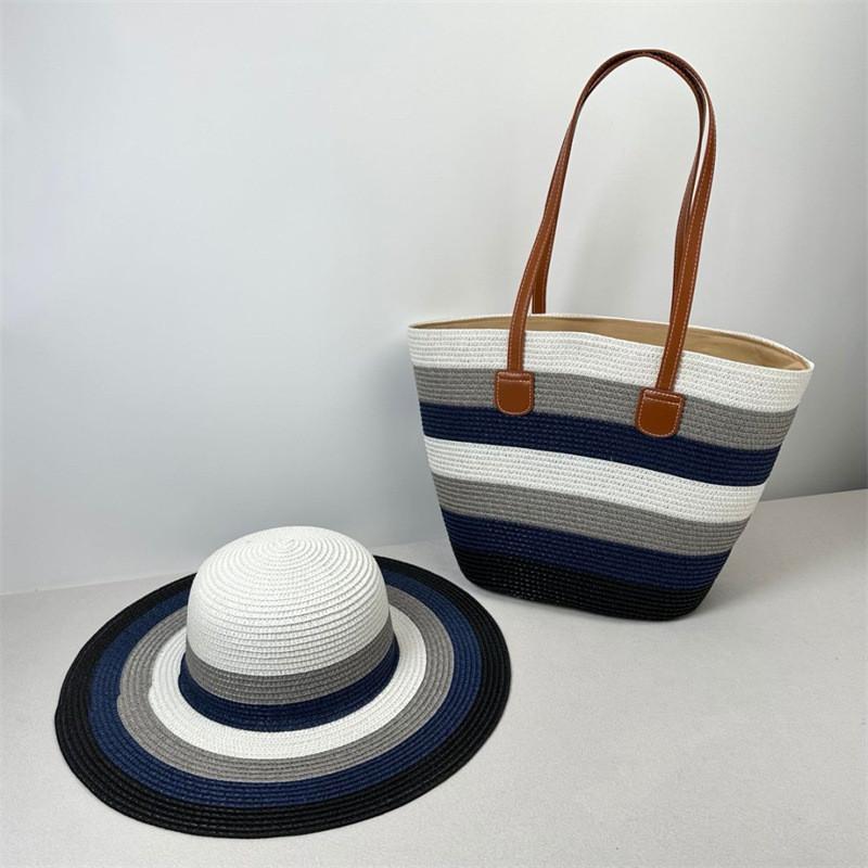 Woven Sun Hat And Large Capacity Straw Tote With Striped Pattern For Travel And Casual Wear