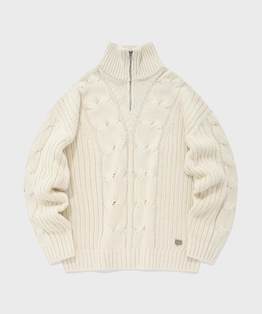 FALLETT Laine d'agneau Tricot torsadé Demi-zip Ivoire