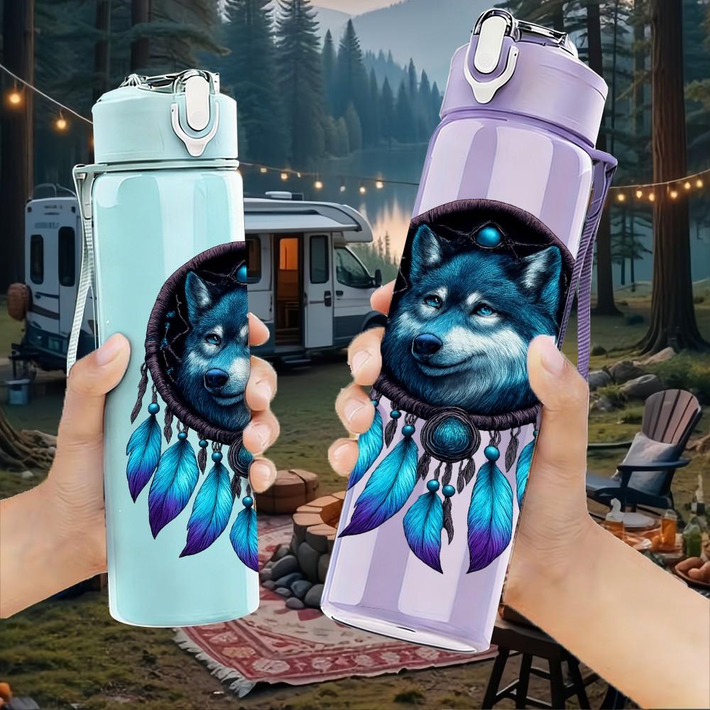 1PC Wolf Feather Dreamcatcher Art 750ml Color Plastic Sports Water Bottle Leakproof Flip Straw Lid Suitable for Sports Office Home Use