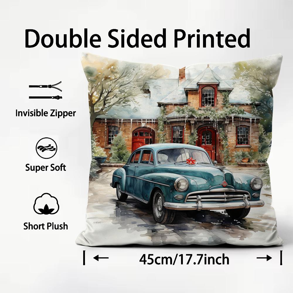 Watercolor Vintage Car Cushion Cover Soft Decorative Pillow Case Suitable For Bedroom Sofa Car Travel Use