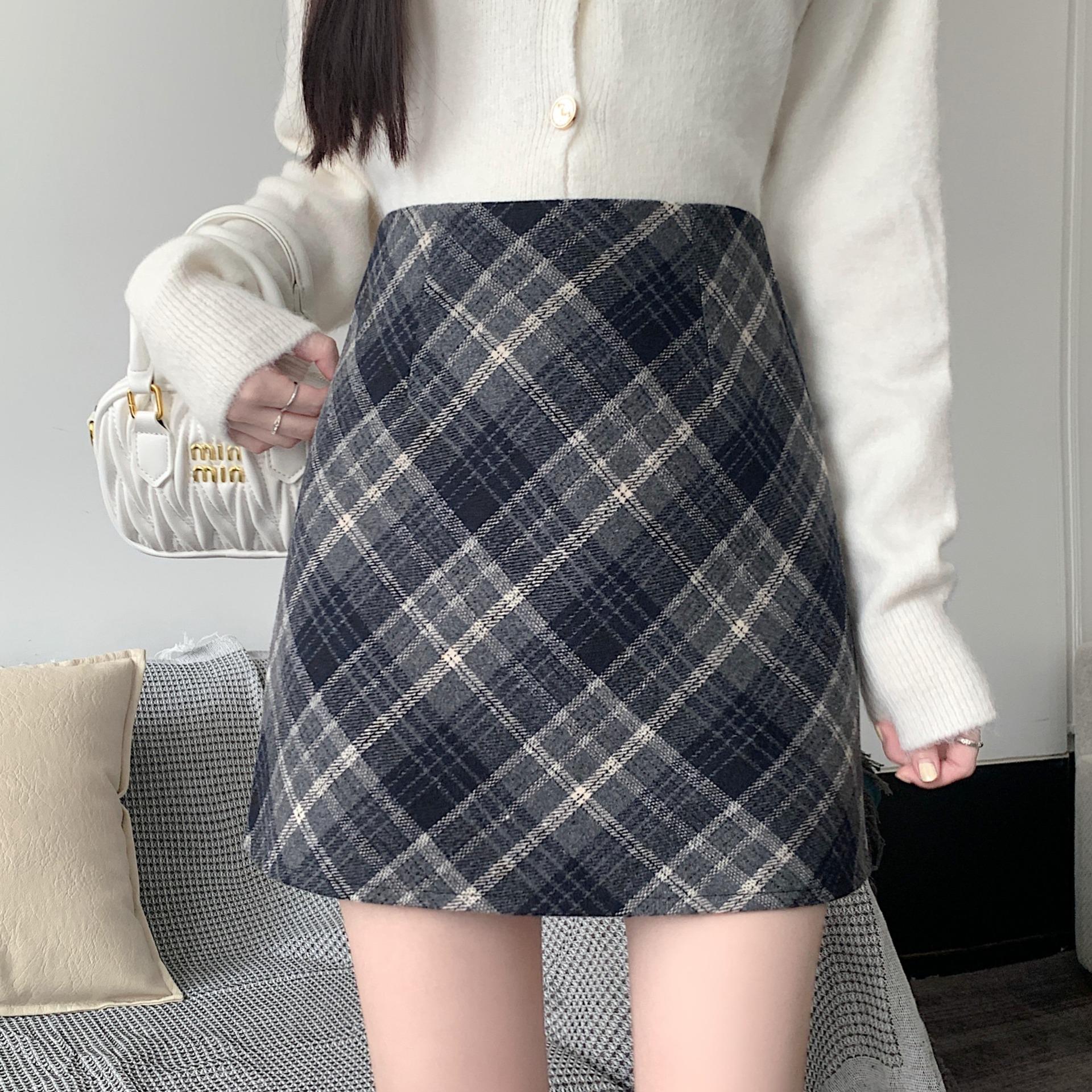 Plus Size Women s Retro High-Waisted Plaid Woolen A-Line Skirt S