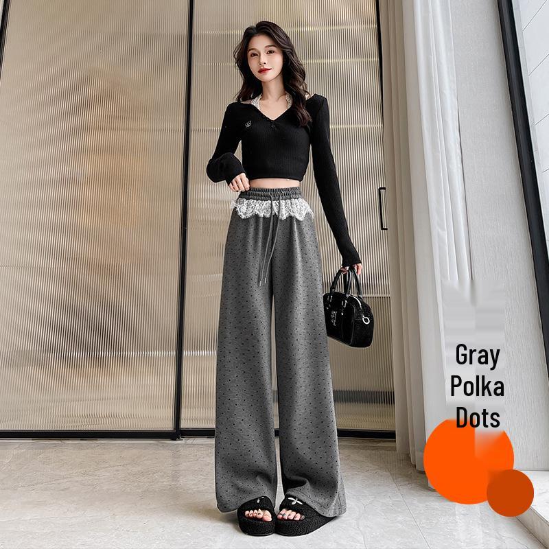 Black Polka Dot High Waist Lace Trim Wide Leg Sporty Pants for Women - Slimming, Casual, Spring/Autumn 2025