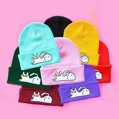 Cute Lazy Cat Embroidered Knitted Hat for Male and Female Students, Warm Pullover Hip-hop Beanie