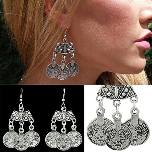 1 Pair Women Fashion Ethnic Jewelry Vintage Coins Drop Dangle Hook Long Earrings