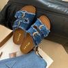 New Fashion Denim Belt Buckle Thick Sole Outside Wear 2024 Summer Flat Flip-flops Women
