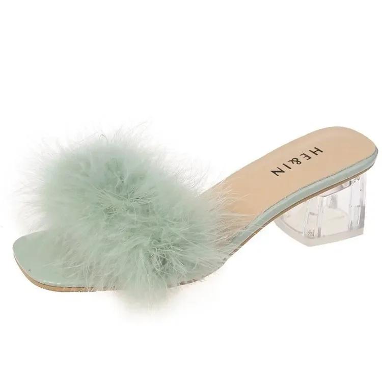 Women Summer Outdoor Fashion Slippers Square Toe High Heels Office Ladies Feather Slides Chic Classics Furry Shoes