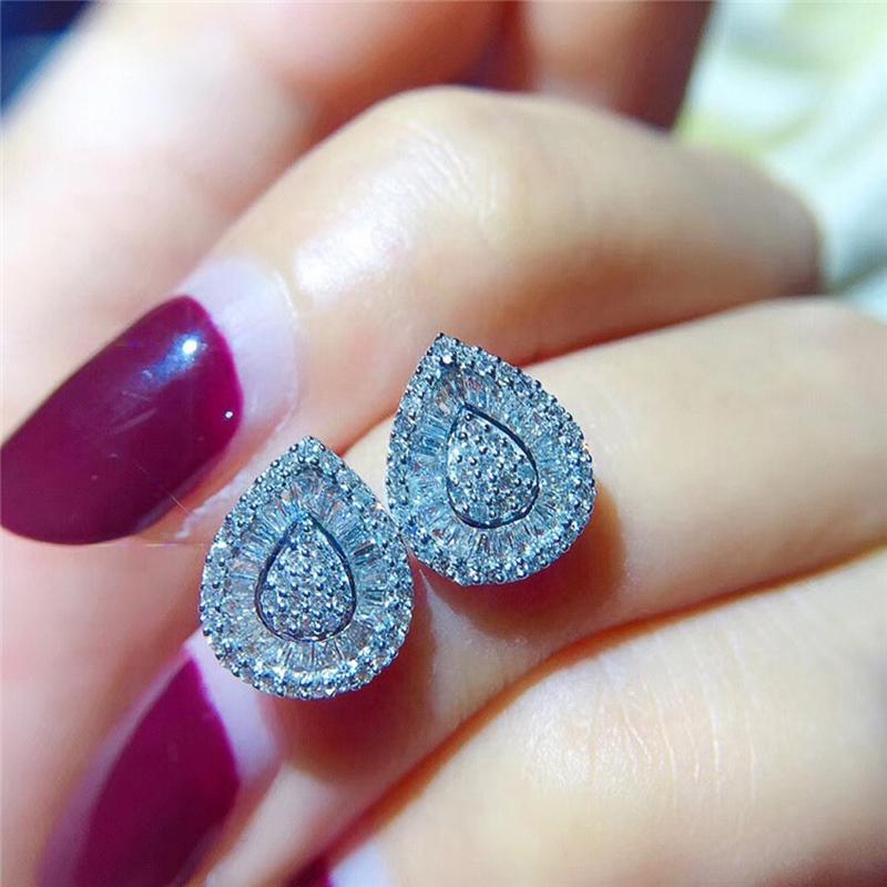 New New Trendy Pear Shaped Silver Color Stud Earrings Women Inlaid Brilliant Cubic Zirconia Delicate Female Jewelry for Party