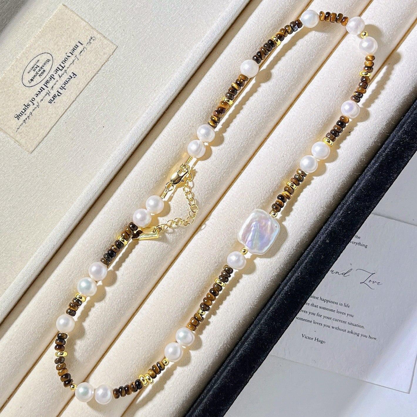 Autumn And Winter Merad Wind Natural Tiger S Eye Stone Freshwater Baroque Pearl Collarbone Chain Necklace
