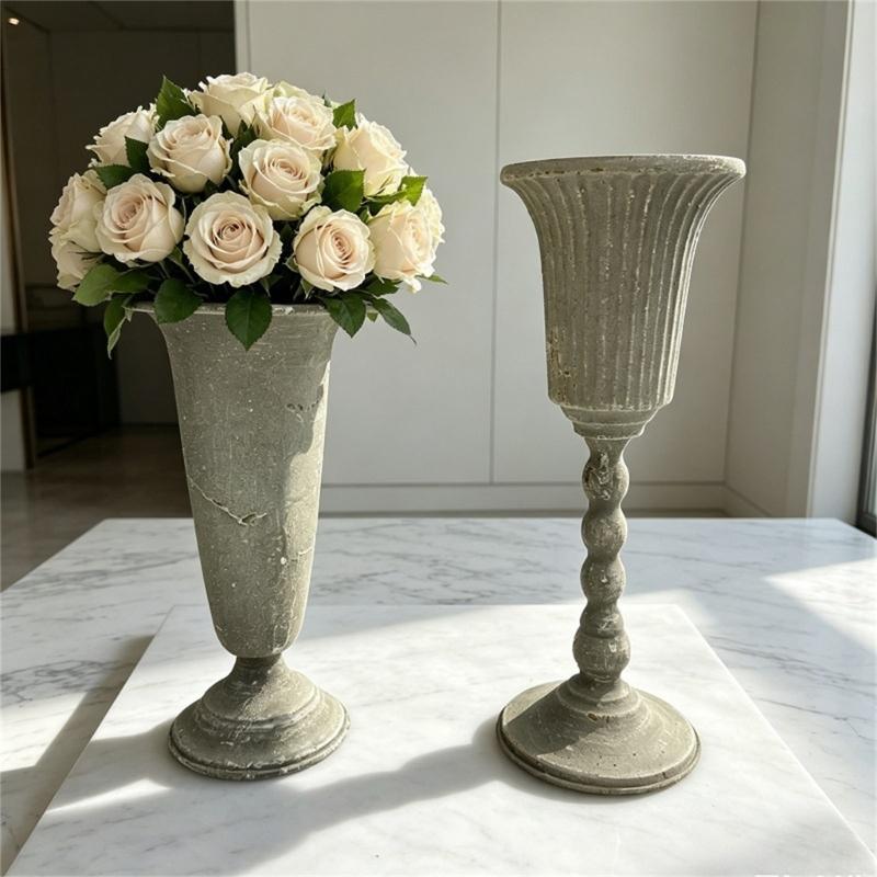 Flared Opening Antique Metal Vases for Dried Flower, Distressed Accent Decorative Tall Urn Vases for Coffee Tables, Shelves and Mantels Decors
