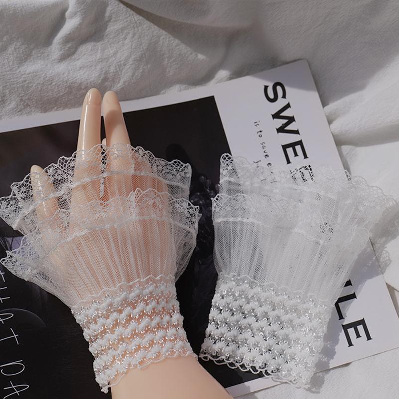 Sweet Floral Stretch Wrist Lace Horn Cuffs Detachable Shirt Fake Sleeves Wristband False Cuffs White