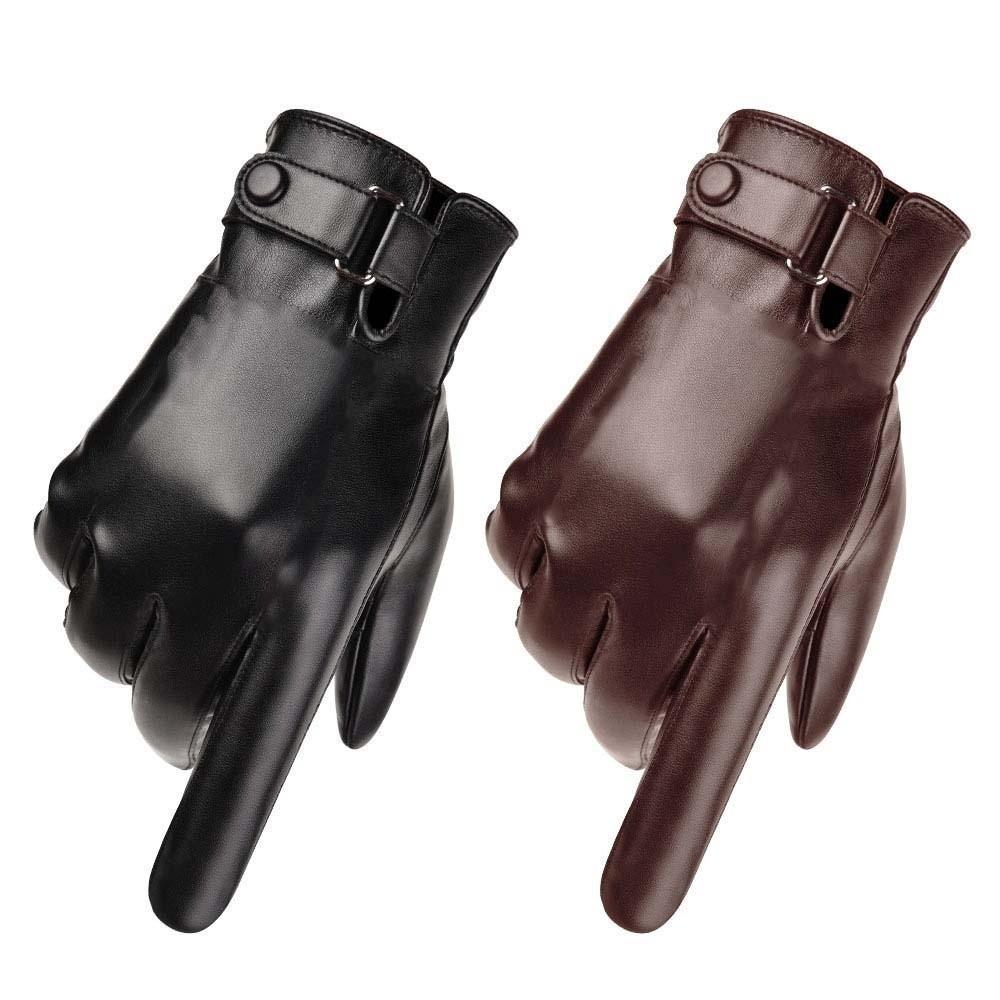 1pair Soft PU Anti-cold Gloves Men Finger Mittens Black Thickened Gloves Couple