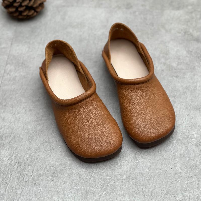 Johnature Chaussures plates vintage faites à la main en cuir véritable, chaussures confortables à semelle souple, couleur unie, à enfiler