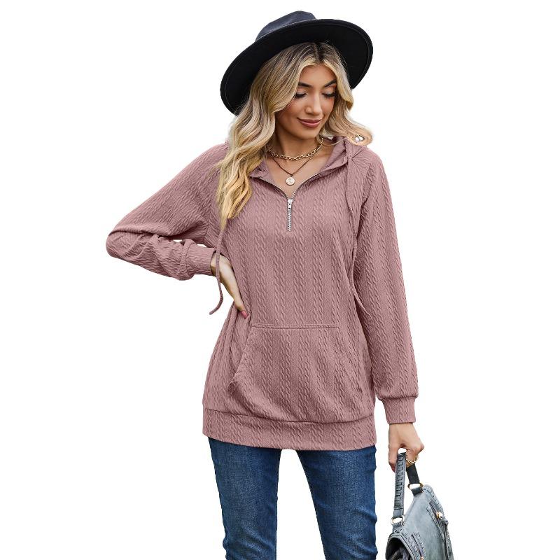 Autumn Winter Solid Color Hooded Zipper Loose Long Sleeved Sweatshirt for Women