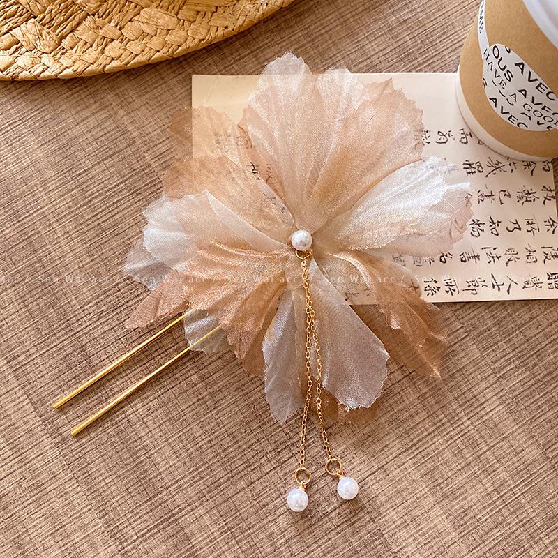 Супер-фея шифоновый цветок заколка для волос новый китайский темперамент жемчужная бахрома заколка женские древние аксессуары для волос оптовая продажа