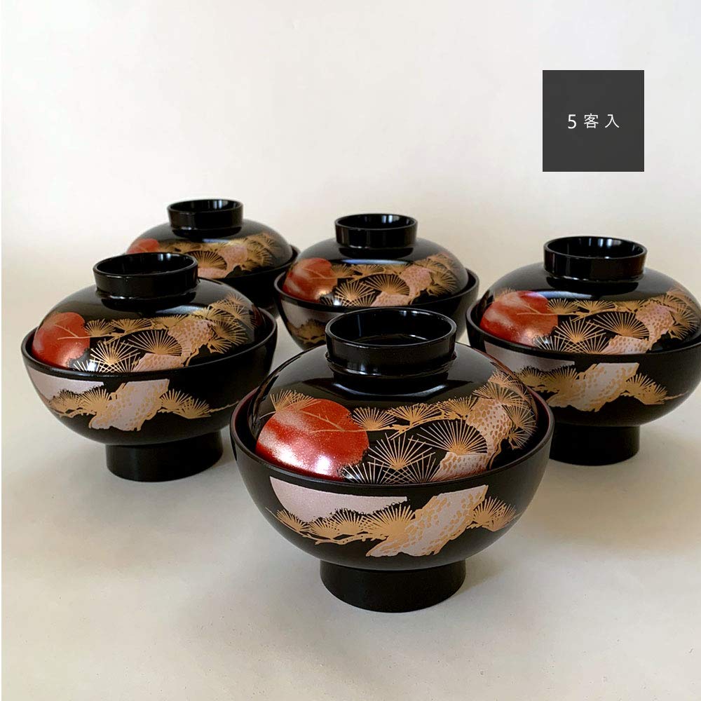 Yamaga Lacquerware Shop Soup Bowls, Sunrise Crane Design, Set of 5 (5 pieces) - Kishu Lacquerware, Black, for New Year's, Year-End and New Year, Zoni