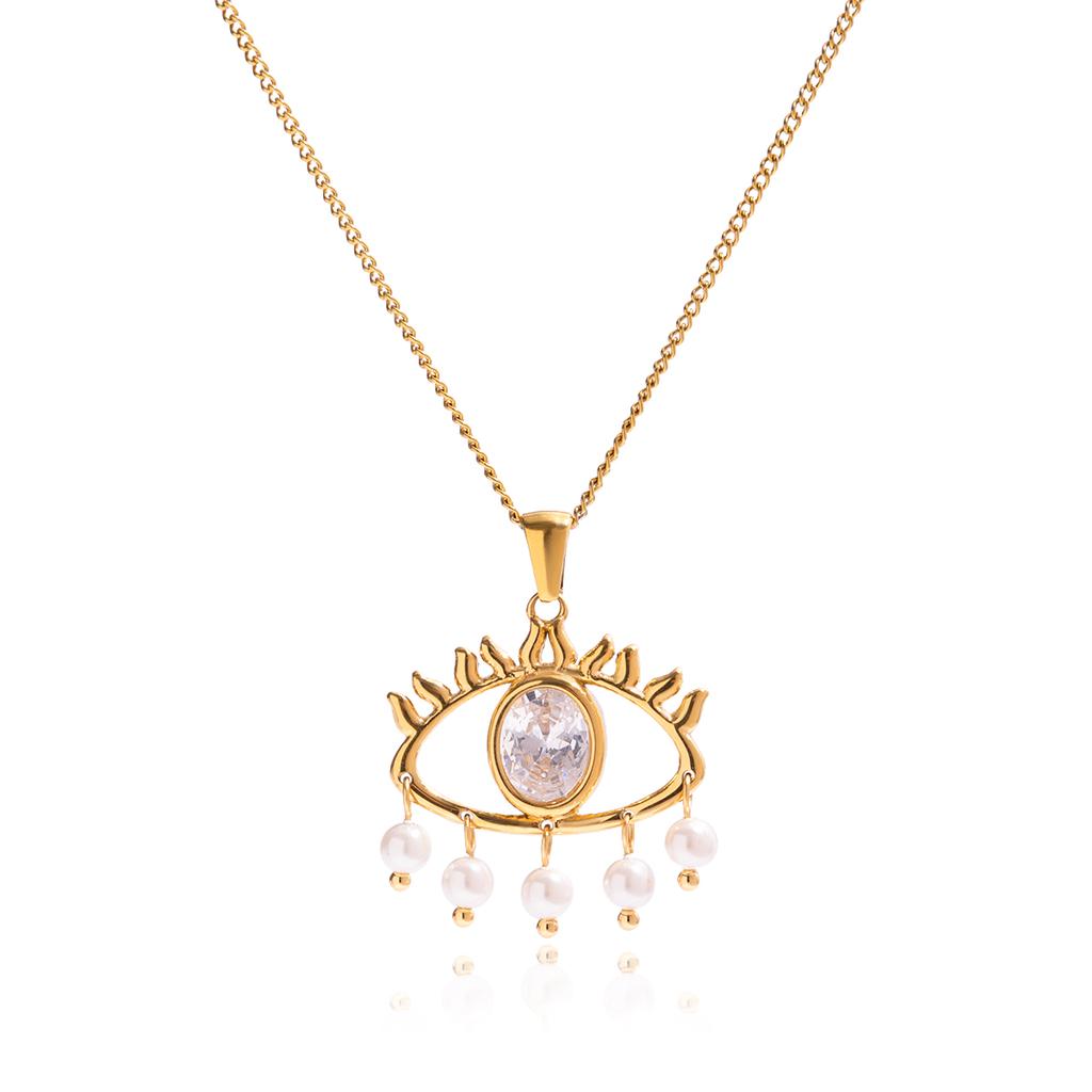 Youthway Zircon Imitation Pearl Evil Eye Pendant Necklace For Women  Gold Plated Stainless Steel Necklace Fashion Jewelry