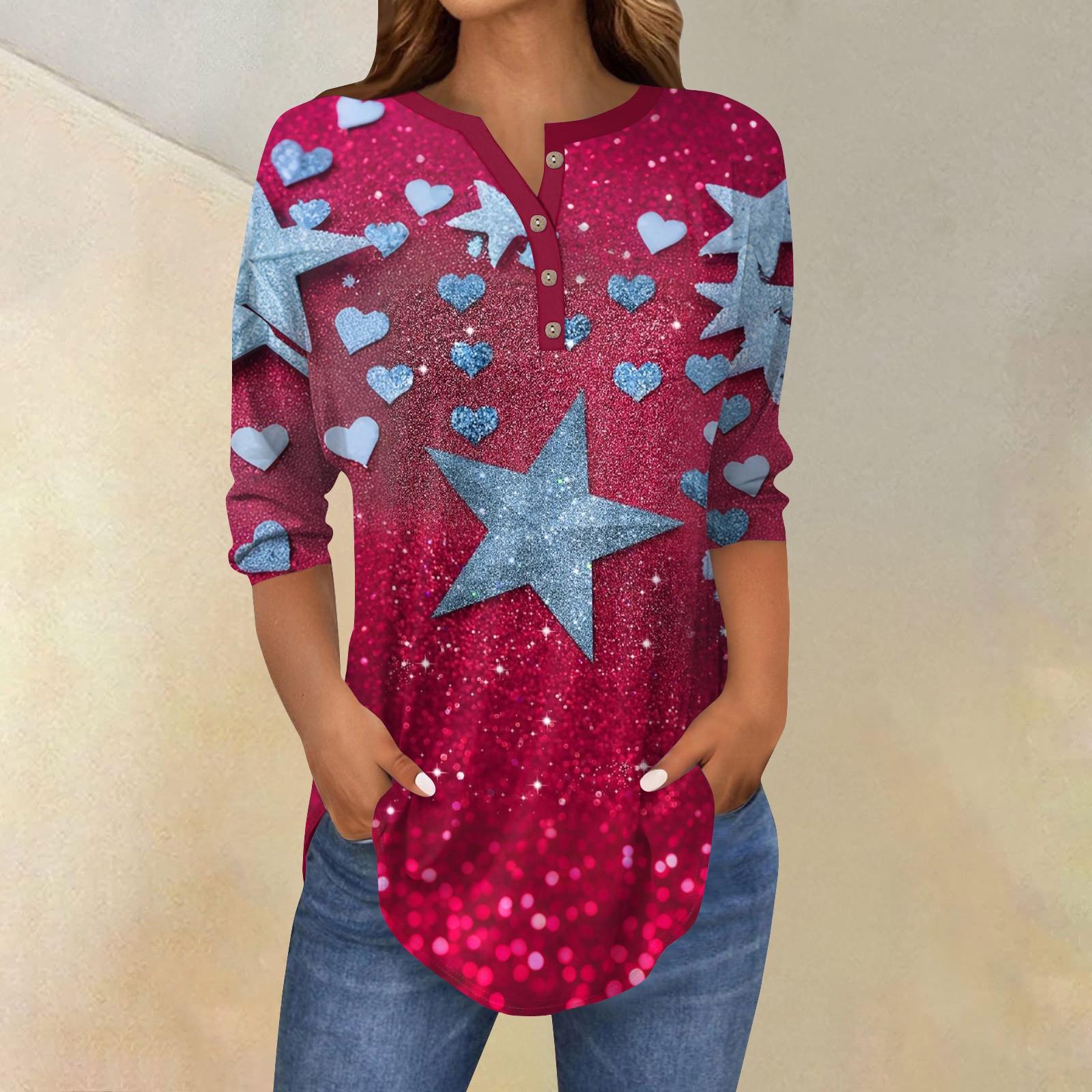 

Женский повседневный топ с рукавами 3/4 и принтом пайеток на пуговицах M красный