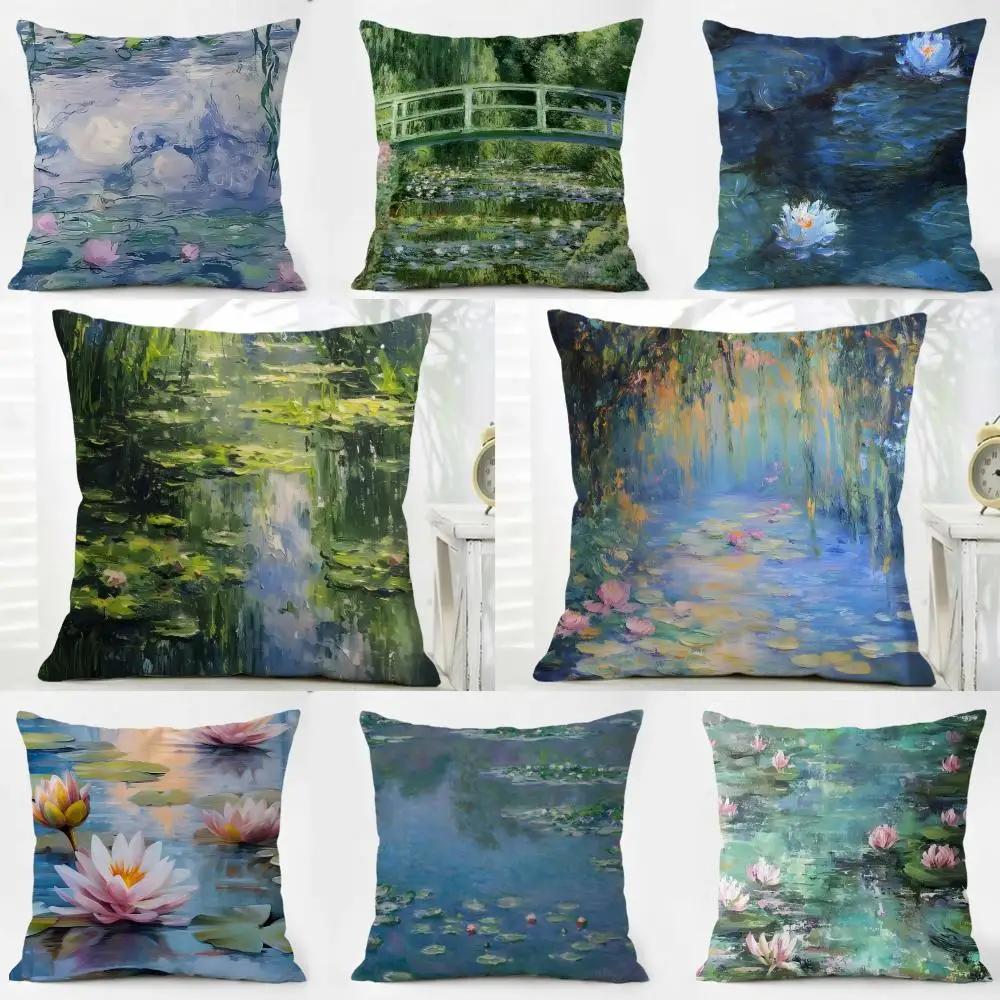 MMonet Water Lilies Cushion Cover Washable Linen Pillowcase Soft for Daily Sofa Bed Home Room Decor