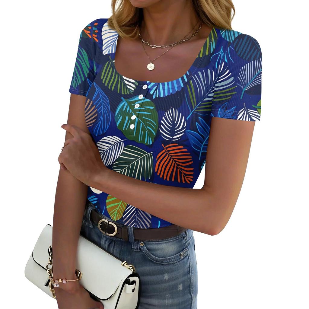 Women's Summer Fashion Tops Short Sleeve Square Neck Button Fashion Casual Floral Ribbed Knit Shirt