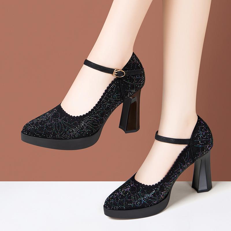 

7см 9см Неглубокий Вырез Стразы Серебристые Свадебные Туфли Невесты Блок Высокий Каблук Весна 2025 Обувь из Натуральной Кожи Платформа Платье 37