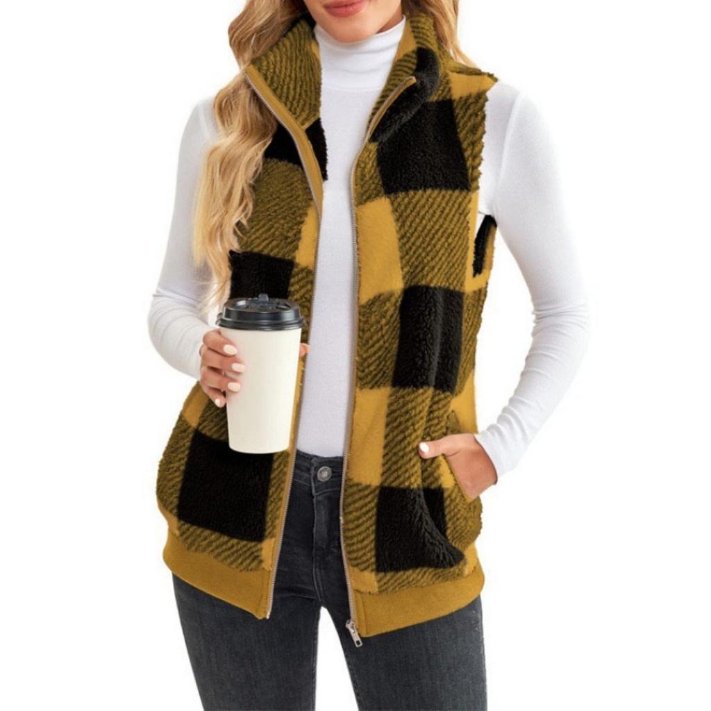 2025 New Women's Plaid Fleece Cardigan Vest - Stand Collar Sleeveless Outerwear for Ladies - Comfortable Casual Jacket