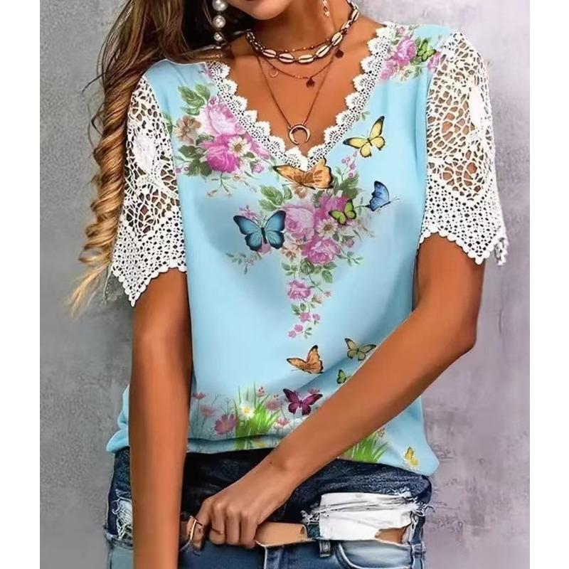 Women's Fashion Casual Summer Spring Flower Pattern Print Short Sleeve V-Neck Blouses & Shirts