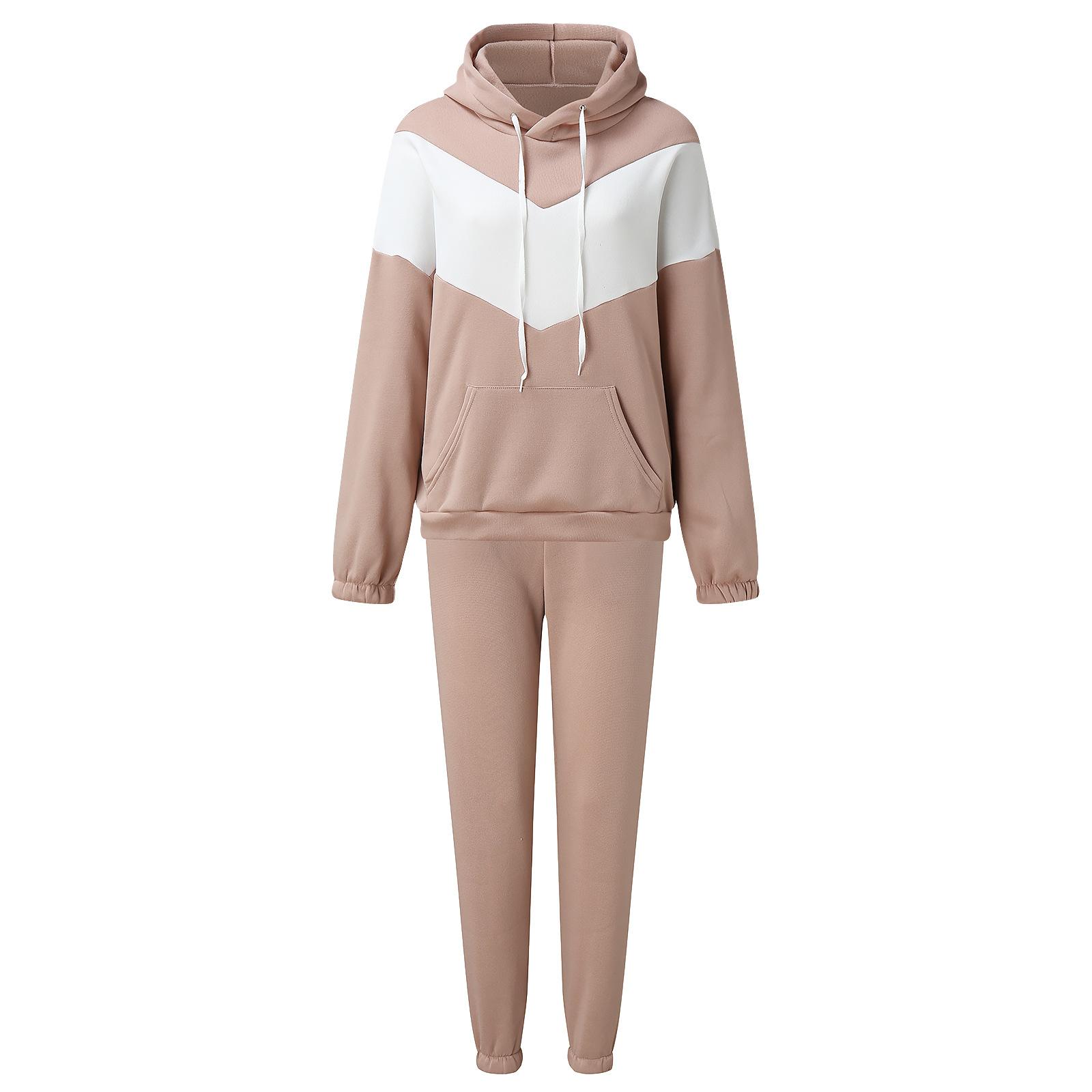 

Autumn Winter Women Hoodies Set Solid Color Long Sleeve Hooded O Neck Loose Top and Wide Leg Pants Suit S хаки