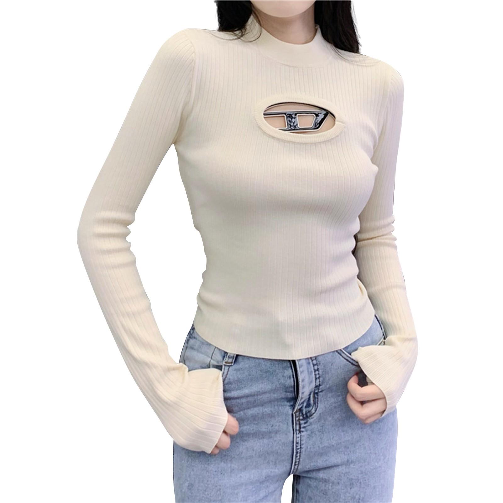 

Women s Metal Hollow Out Design Feeling Round Neck Long Sleeved Knitted Shirt Top білий