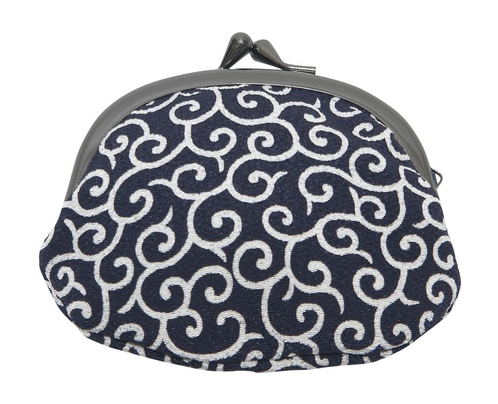 Hasegawa Japanese Chirimen Round Coin Purse Wallet with Arabesque Made in Navy Pattern, Japan,