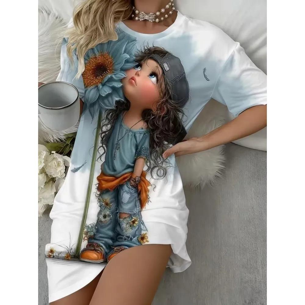 Fun Animal Colorful Patterns Women Mini Dresses Summer Short Sleeve Printed Plus Size Casual Comfortable Soft Dress