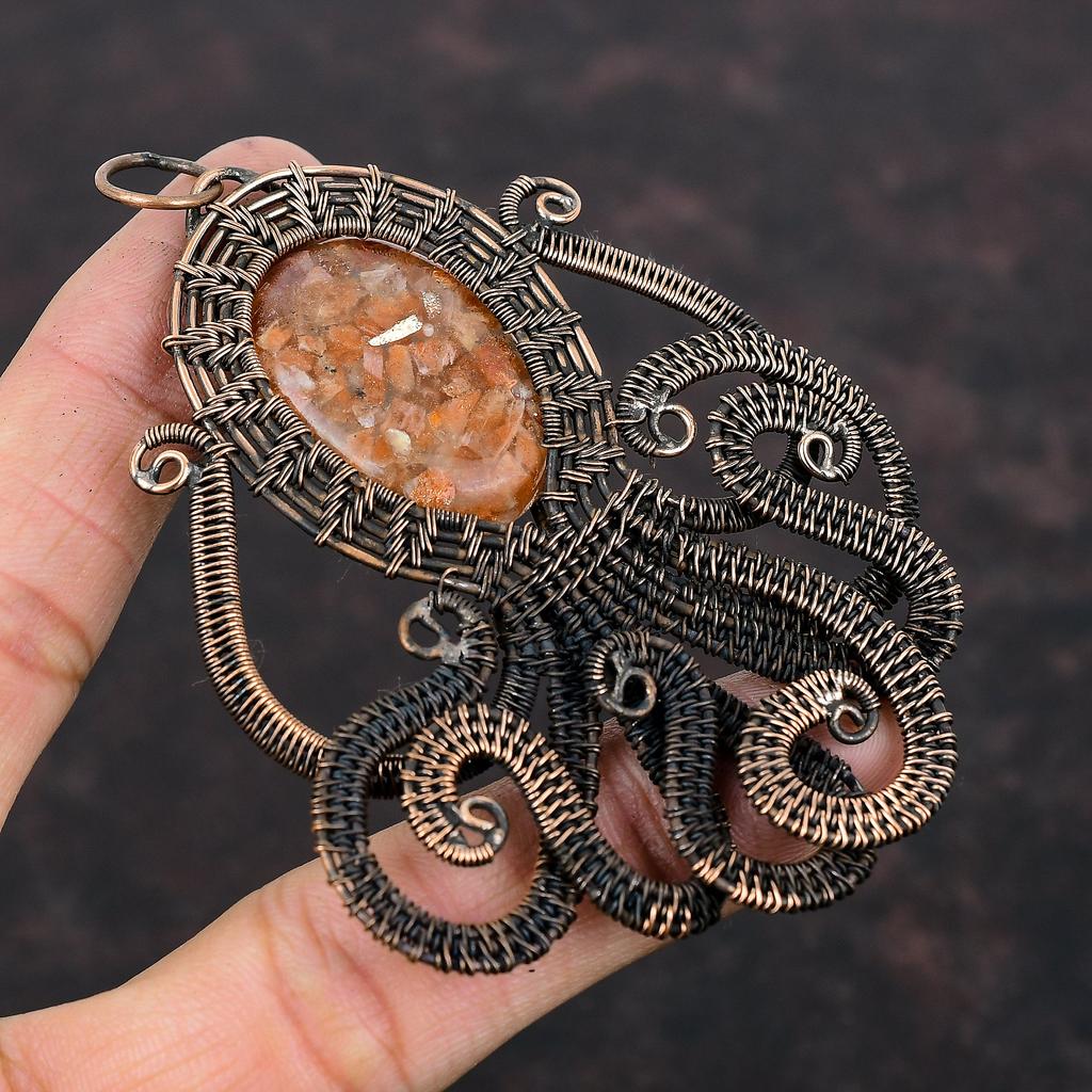 Sunstone Pendant Copper Wire Wrapped Pendant Natural Gemstone Jewelry Octopus Pendant Handmade Pendant Copper Wire Wrap Jewelry Gift For Her