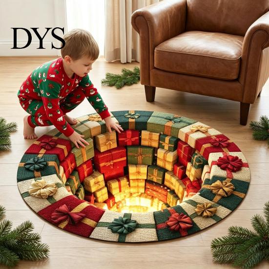 Cozy Indoor Floor Covering Christmas Round Rug, 3D Illusion Mat, Holiday Winter Carpet, Soft Gnome Deer Crystal Velvet Mat Santa House Festive Rug for