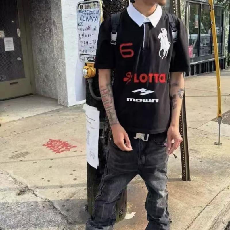 Herren High Street Fashion Stickerei Knopf Revers Kurzarm T-Shirt Amerikanischer Vintage Harajuku Oberteile Y2k Kleidung