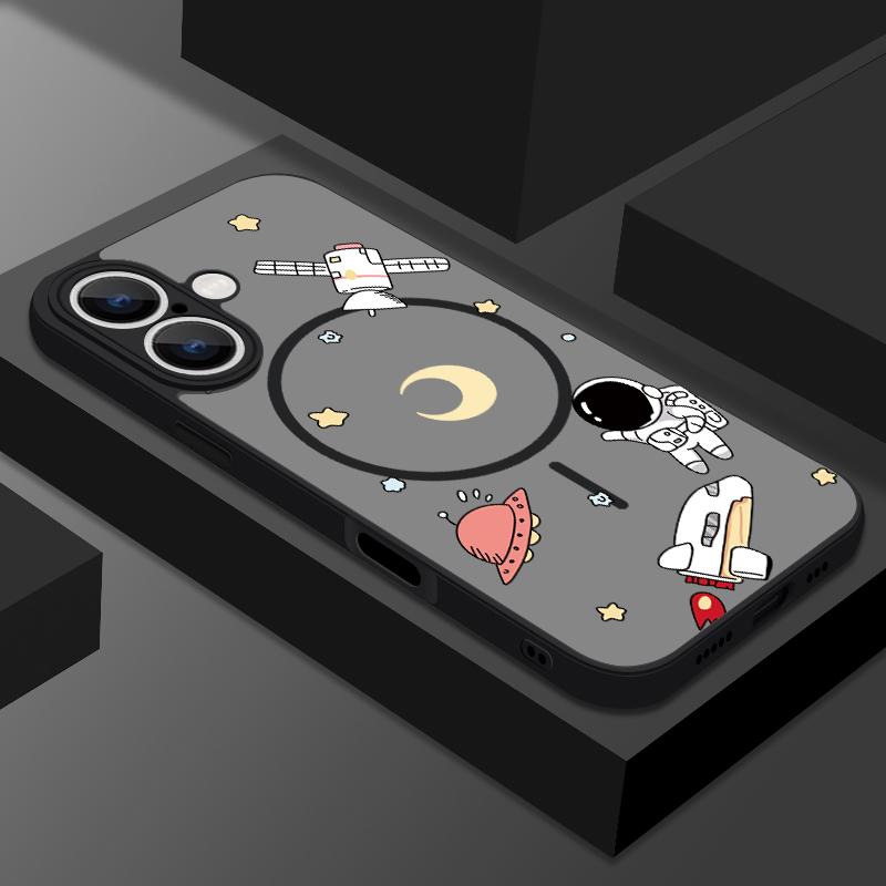 Magnetic Matte Phone Case For iPhone 16 15 Pro 14 13 Pro Max 16e 14 For Magsafe Cartoon Astronaut Pattern Hard Back Cover Fundas