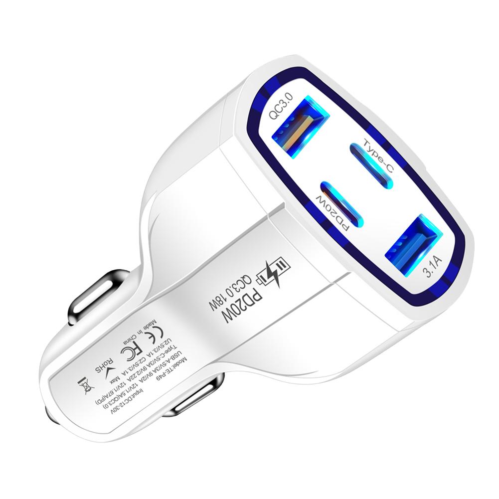 

Зарядное устройство для мобильного телефона 4 в 1 PD 20 Вт 2USB+2PD Автомобильный адаптер питания USB Tyoe C Автомобильное зарядное устройство для прикуривателя 12-30 В для iPhone Xiaomi белый