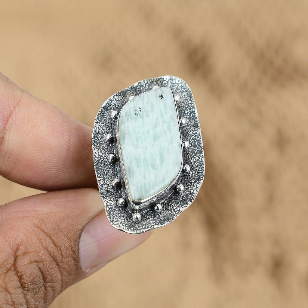 Natural Amazonite Gemstone Promise Ring Size 6.25 925 Sterling Silver For Women