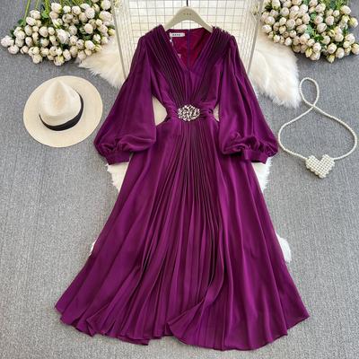V-neck Pleated Vestidos Lantern Long Sleeve Vestido High Waist Slim A-line Women Dresses Autumn Dress Beach Clothing