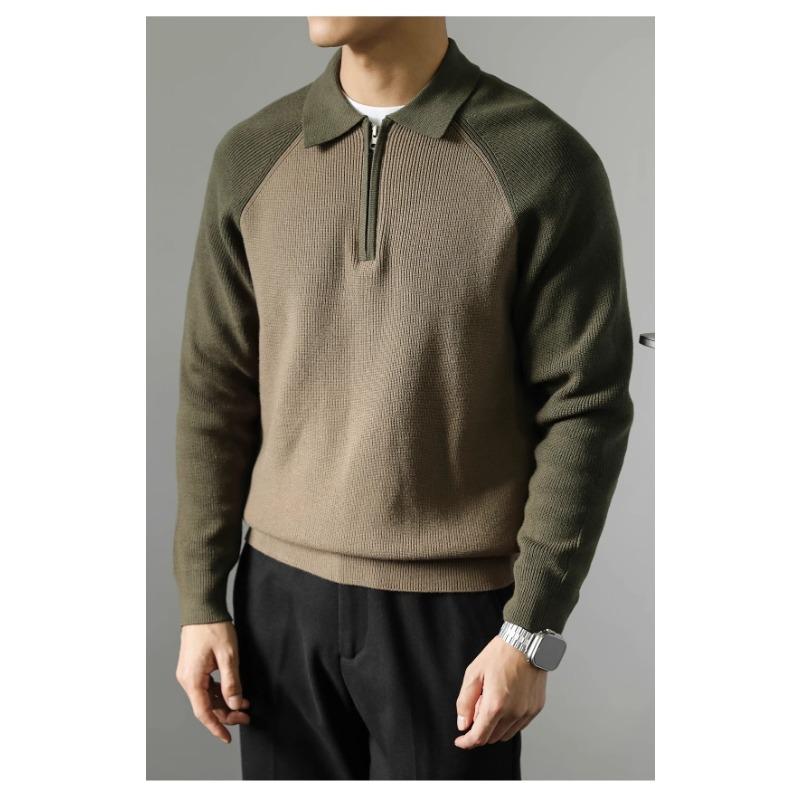 Men S Polo Collar Color Block Knit Sweater Half Zip Casual Spring Autumn