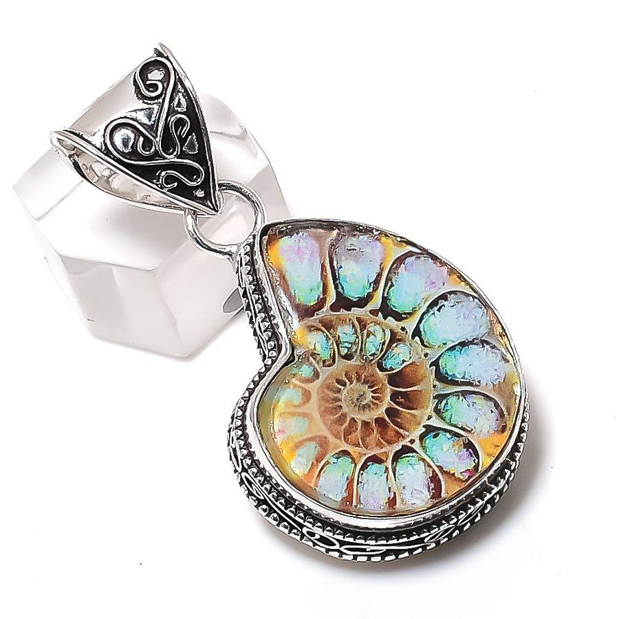 

Ископаемый аммонит Драгоценный камень Ювелирное изделие Подвеска из стерлингового серебра 925 пробы 1,89