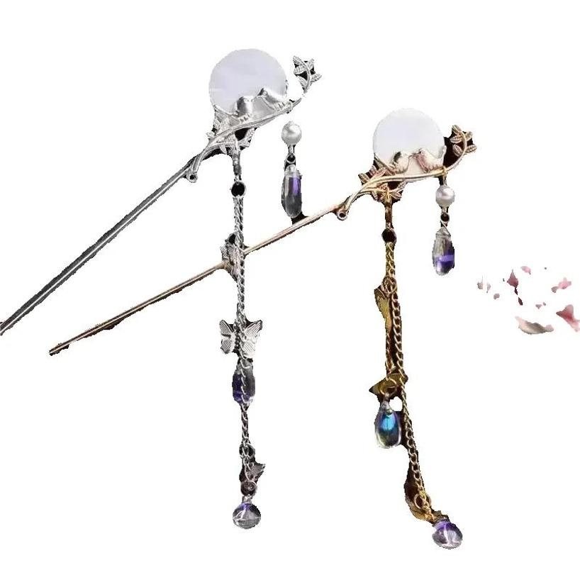 Moon Bird Crystal Tassel Hairpin Creative Ancient Costume Accessories Retro Hairpin Simple Fashionable Women Traditional Jewelry