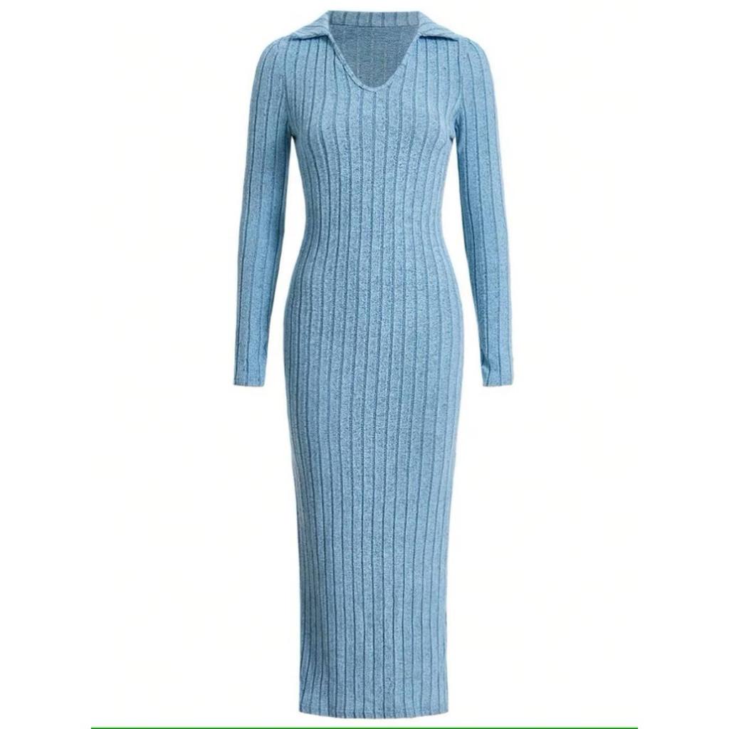 Jaro Podzim Pletený Pulovr V-výstřih Klubové Oblečení Silueta Klopa Dlouhý Rukáv Šaty Žebrované Jednobarevné Přiléhavé